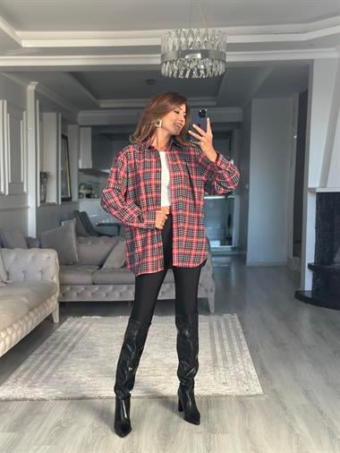 Kırmızı Gri Kareli Oversize Kadın Gömlek