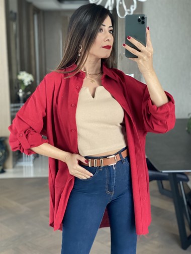 Kırmızı Ham Keten Oversize Gömlek