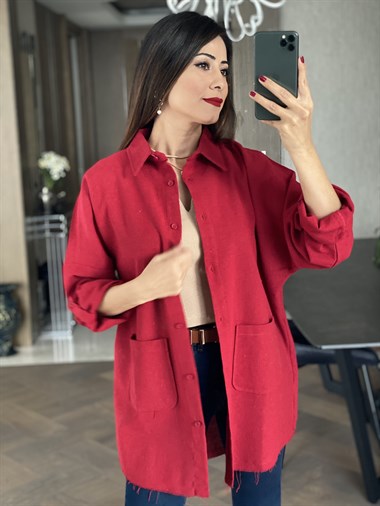 Kırmızı Ham Keten Oversize Gömlek