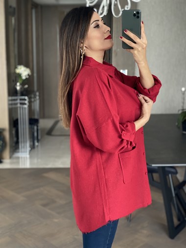 Kırmızı Ham Keten Oversize Gömlek
