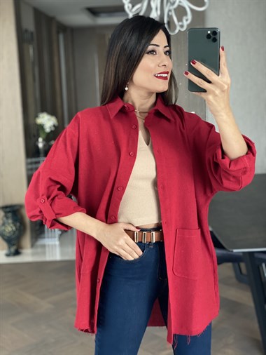 Kırmızı Ham Keten Oversize Gömlek