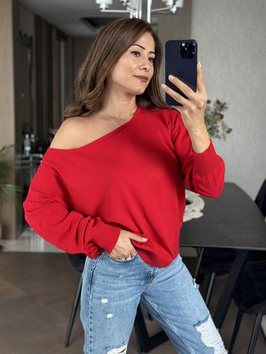 Kırmızı Kayık Yaka Triko Kadın Kazak