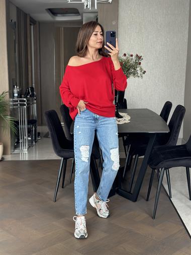 Kırmızı Kayık Yaka Triko Kadın Kazak