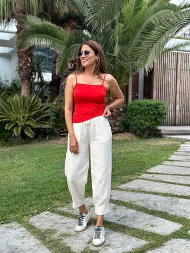 Kırmızı İp Askılı Kare Yaka Kadın Body