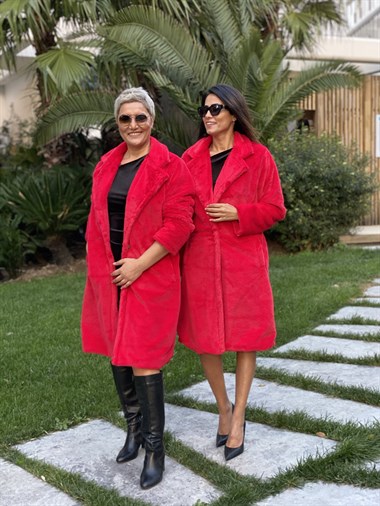 Kırmızı İthal Tavşan Kadın Kaban