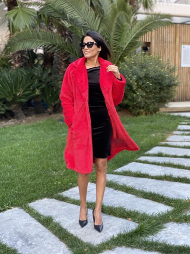 Kırmızı İthal Tavşan Kadın Kaban