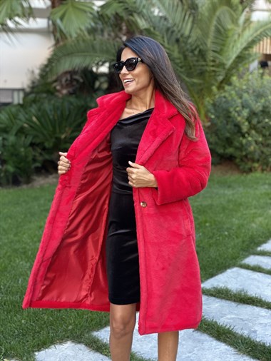 Kırmızı İthal Tavşan Kadın Kaban