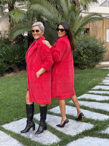 Kırmızı İthal Tavşan Kadın Kaban