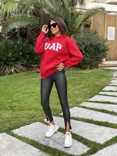 Kırmızı Kapüşonlu Marka Baskılı Kadın Sweatshirt