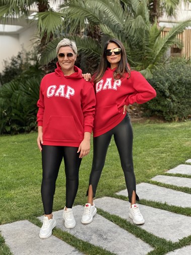 Kırmızı Kapüşonlu Marka Baskılı Kadın Sweatshirt