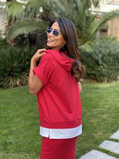 Kırmızı Kapüşonlu Sweatshirt Etek Kadın İkili  Takım