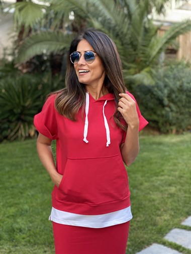 Kırmızı Kapüşonlu Sweatshirt Etek Kadın İkili  Takım