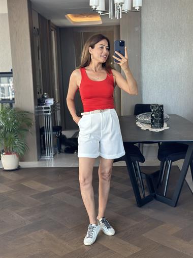 Kırmızı U Yaka Kalın Askılı Kadın Body