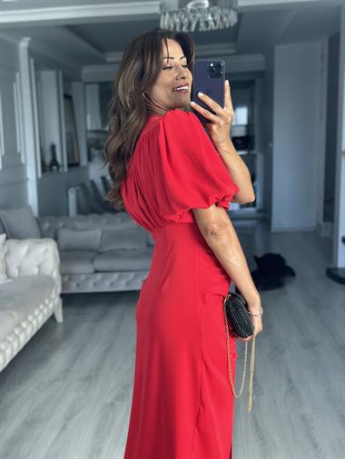 Kırmızı Karpuz Kol Vatkalı Drape Detaylı Midi Boy Kadın Elbise