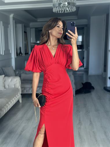 Kırmızı Karpuz Kol Vatkalı Drape Detaylı Midi Boy Kadın Elbise