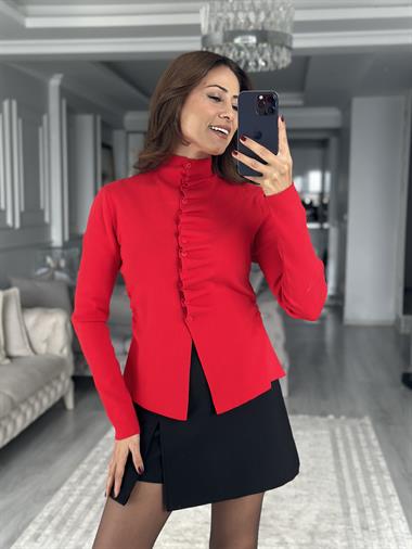 Kırmızı Kendinden Büzgülü Düğmeli Kadın Triko Hırka