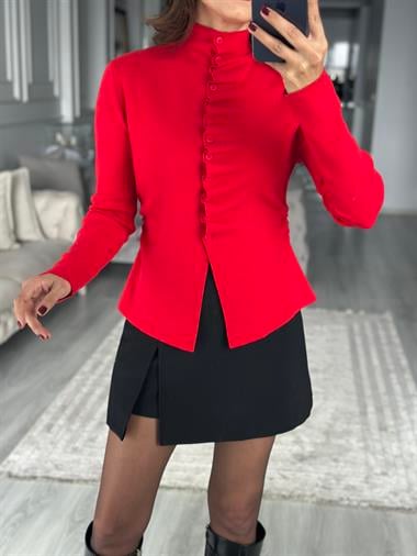 Kırmızı Kendinden Büzgülü Düğmeli Kadın Triko Hırka