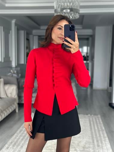 Kırmızı Kendinden Büzgülü Düğmeli Kadın Triko Hırka