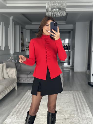 Kırmızı Kendinden Büzgülü Düğmeli Kadın Triko Hırka