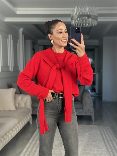 Kırmızı Kendinden Şal Detaylı Kadın Triko Kazak