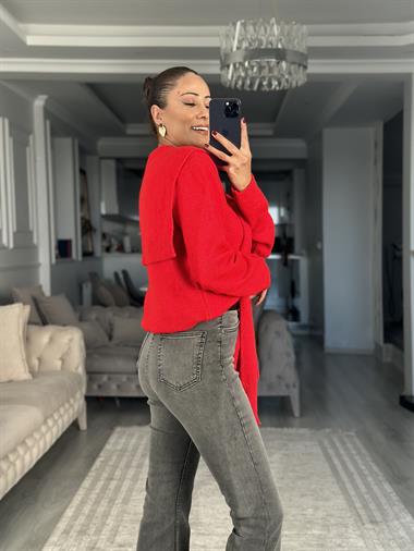 Kırmızı Kendinden Şal Detaylı Kadın Triko Kazak