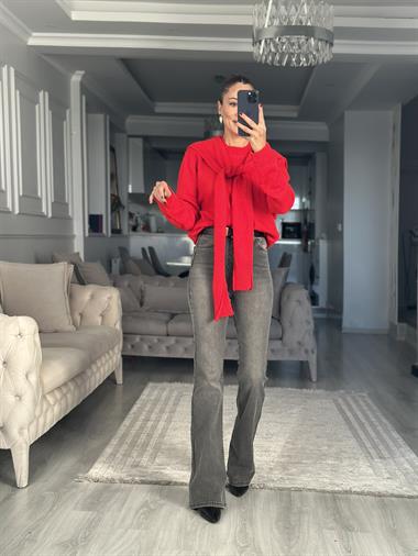 Kırmızı Kendinden Şal Detaylı Kadın Triko Kazak