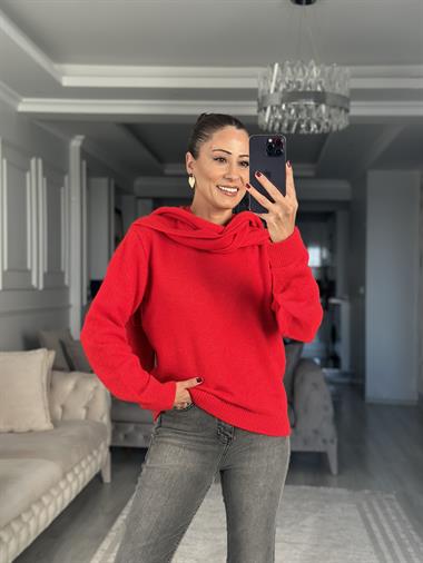 Kırmızı Kendinden Şal Detaylı Kadın Triko Kazak