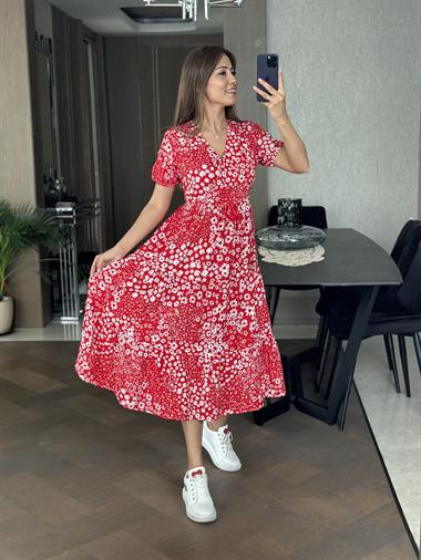 Kırmızı Kruvaze Yaka Kısa Kol Çiçek Desen Kadın Elbise