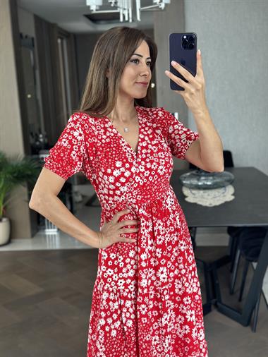 Kırmızı Kruvaze Yaka Kısa Kol Çiçek Desen Kadın Elbise