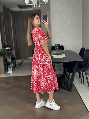 Kırmızı Kruvaze Yaka Kısa Kol Çiçek Desen Kadın Elbise