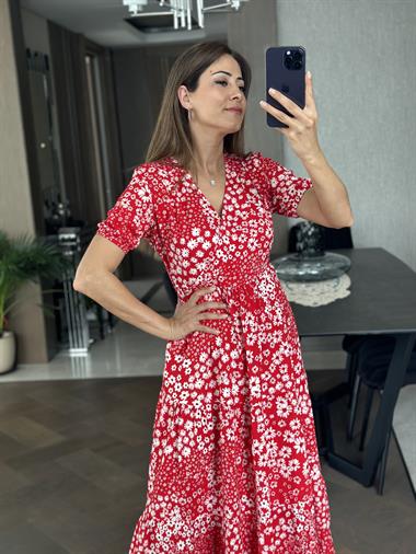 Kırmızı Kruvaze Yaka Kısa Kol Çiçek Desen Kadın Elbise