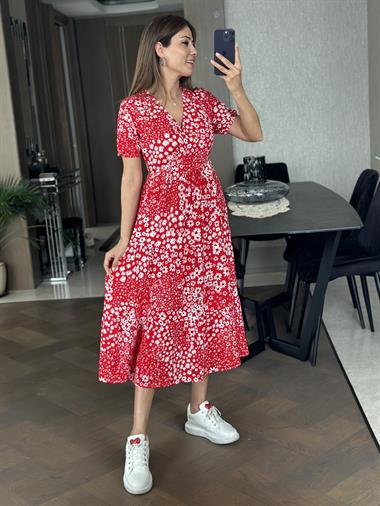 Kırmızı Kruvaze Yaka Kısa Kol Çiçek Desen Kadın Elbise