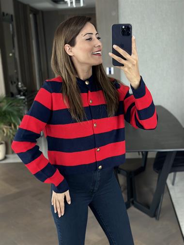 Kırmızı Lacivert Kalın Çizgili Önü Düğmeli Pike Örgü Kadın Hırka