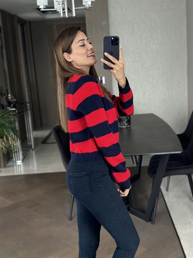 Kırmızı Lacivert Kalın Çizgili Önü Düğmeli Pike Örgü Kadın Hırka