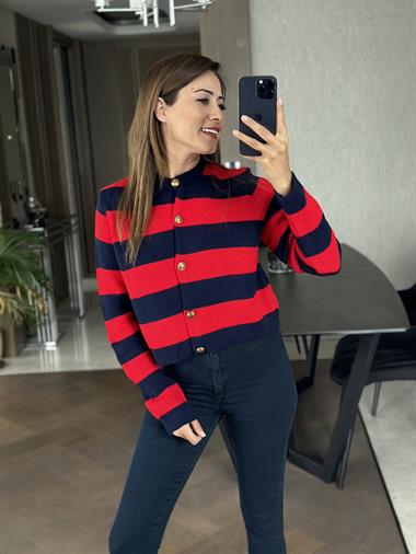 Kırmızı Lacivert Kalın Çizgili Önü Düğmeli Pike Örgü Kadın Hırka