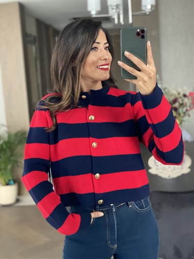 Kırmızı Lacivert Kalın Çizgili Pike Örgü Önü Düğmeli Kadın Hırka