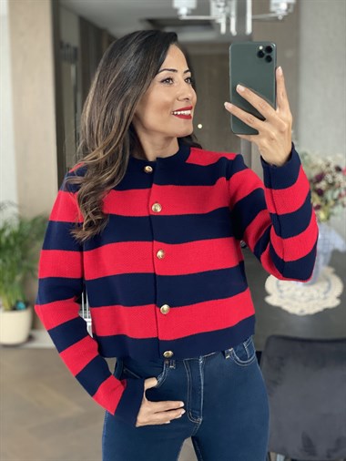 Kırmızı Lacivert Kalın Çizgili Pike Örgü Önü Düğmeli Kadın Hırka