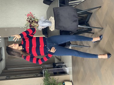 Kırmızı Lacivert Kalın Çizgili Pike Örgü Önü Düğmeli Kadın Hırka