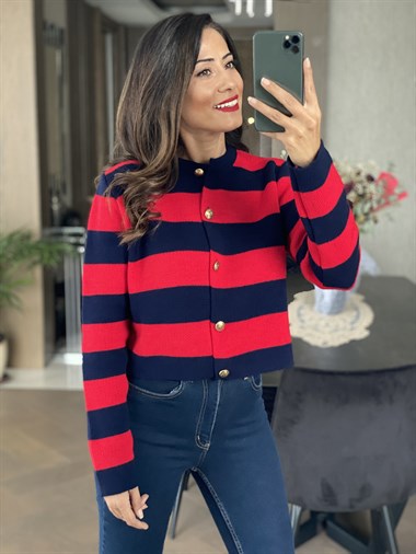 Kırmızı Lacivert Kalın Çizgili Pike Örgü Önü Düğmeli Kadın Hırka