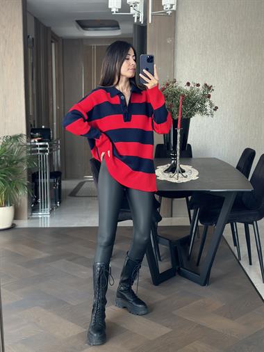 Kırmızı Lacivert Kalın Çizgili Polo Yaka Düğmeli Kadın Kazak