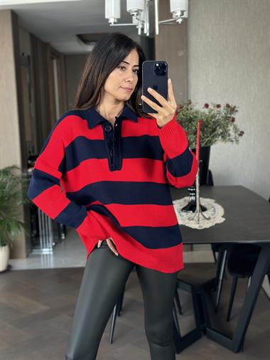 Kırmızı Lacivert Kalın Çizgili Polo Yaka Düğmeli Kadın Kazak