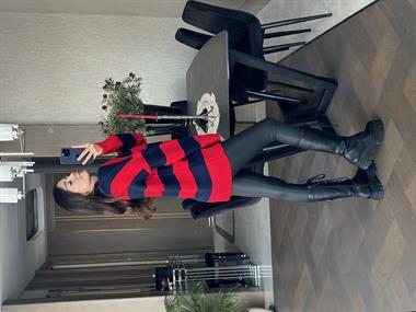 Kırmızı Lacivert Kalın Çizgili Polo Yaka Düğmeli Kadın Kazak