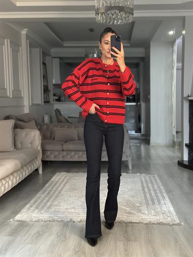 Kırmızı Lacivert Şeritli Düğmeli Kadın Triko Hırka
