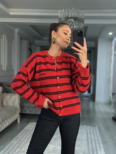 Kırmızı Lacivert Şeritli Düğmeli Kadın Triko Hırka