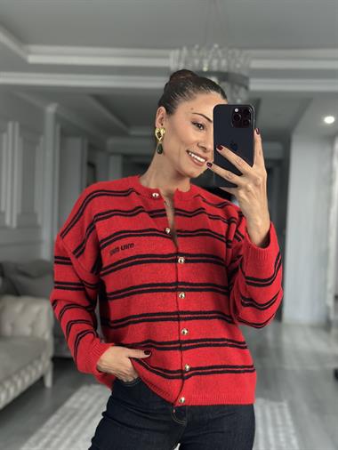 Kırmızı Lacivert Şeritli Düğmeli Kadın Triko Hırka