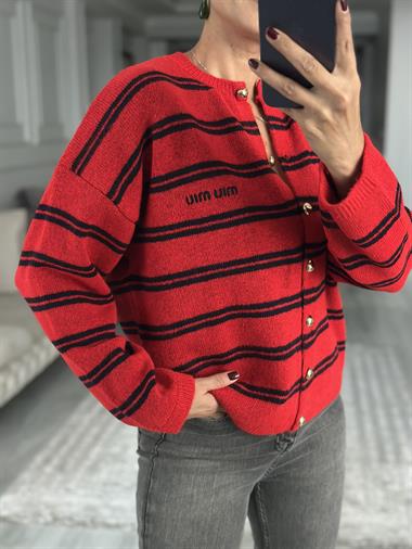 Kırmızı Lacivert Şeritli Düğmeli Kadın Triko Hırka