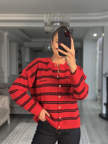 Kırmızı Lacivert Şeritli Düğmeli Kadın Triko Hırka