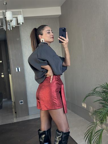 Kırmızı Lame Düğümlü Kadın Şort Etek