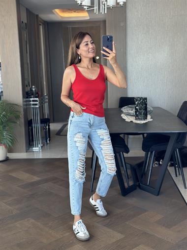 Kırmızı Ön Arka U Yaka Askılı Merserize Kadın Bluz