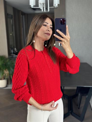 Kırmızı On Düğmeli Saç Örgü Kadın Triko Kazak